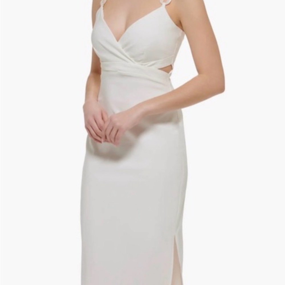 Sienna Sky Strapless Ivory Midi Dress with Side Cutout